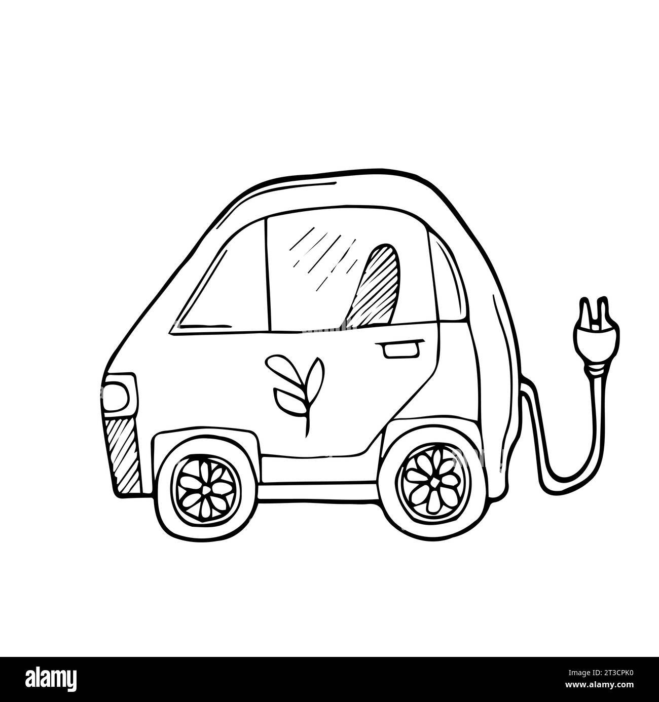 Doodle Elektro Öko-Auto. Grün freundliches Elektroauto auf weißem Hintergrund. Erdtag und Ökologie Konzept. Isolierter Vektor Stock Vektor