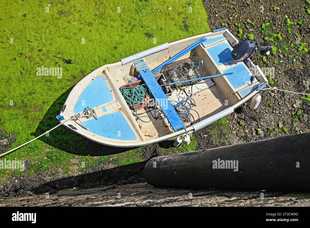 Kleines weißes und blaues Boot, Ouessant Island, Finistere, Bretagne, Frankreich Stockfoto