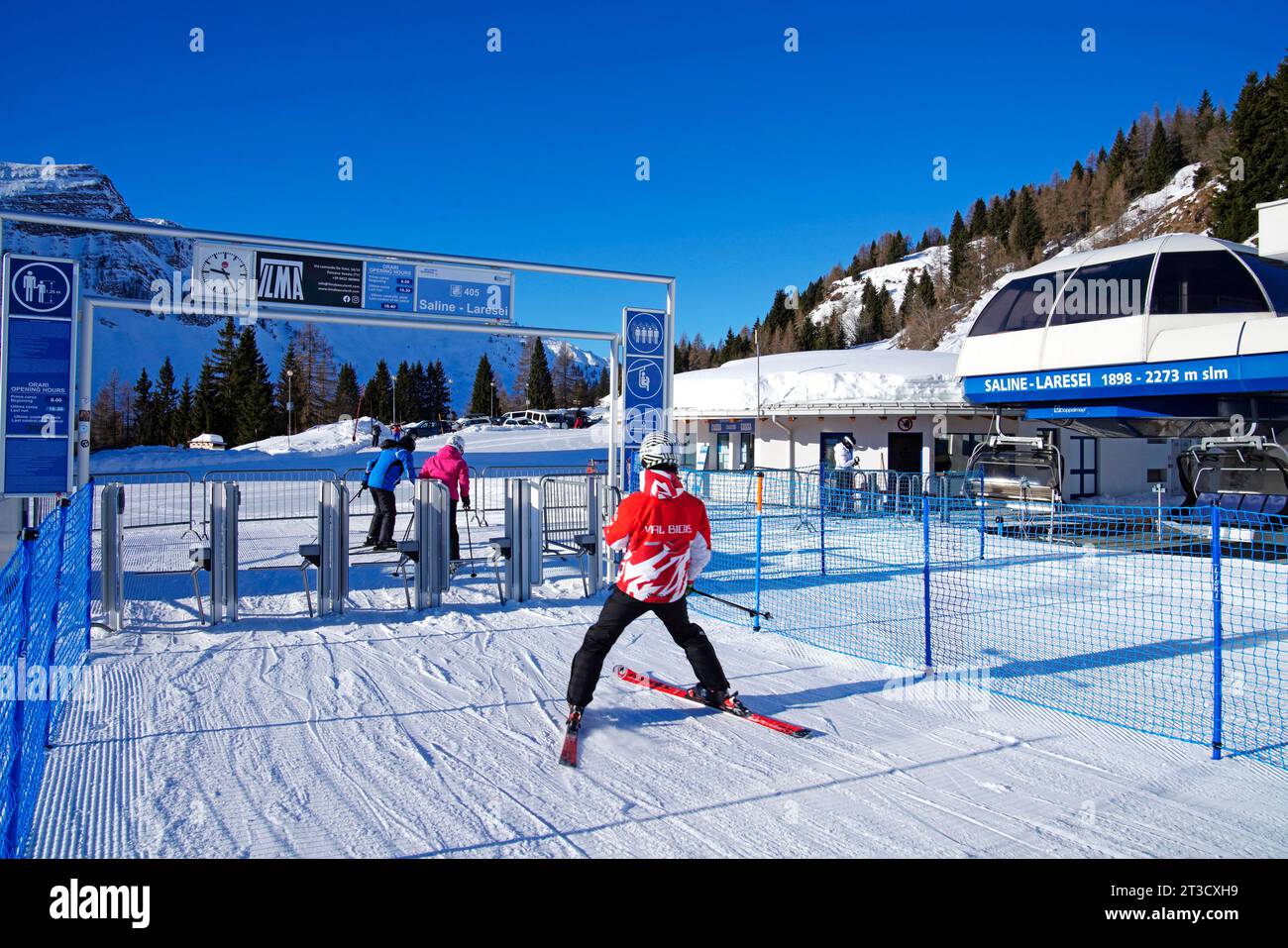 Skigebiet Passo San Pellegrino-Falcade, Tre Valli, Pala-Gruppe, Dolomitengruppe, Provinzen Belluno, Falcade, Belluno, Italien Stockfoto