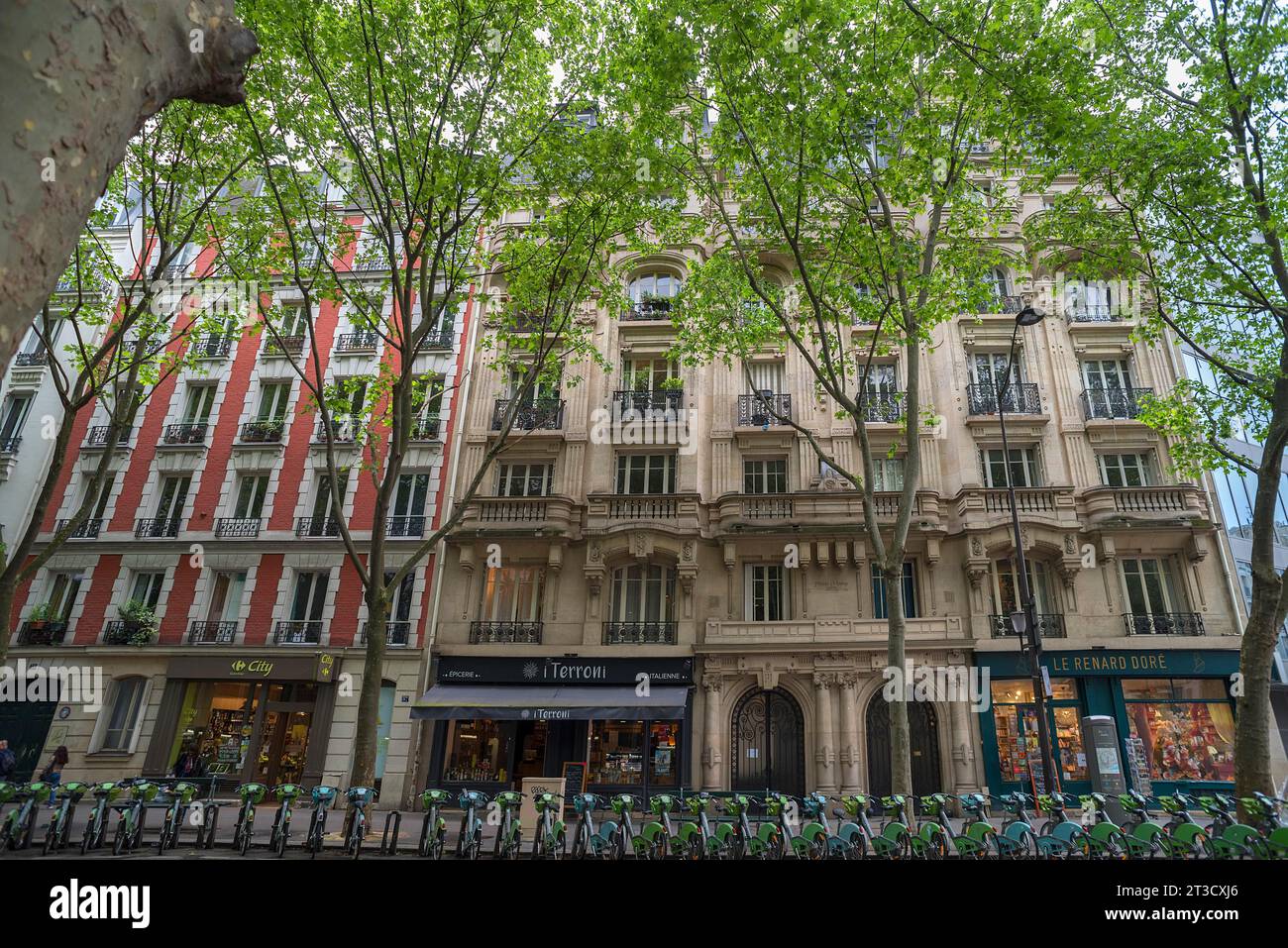 Historic homes, urban rental bikes lined up below, Paris, France Stockfoto