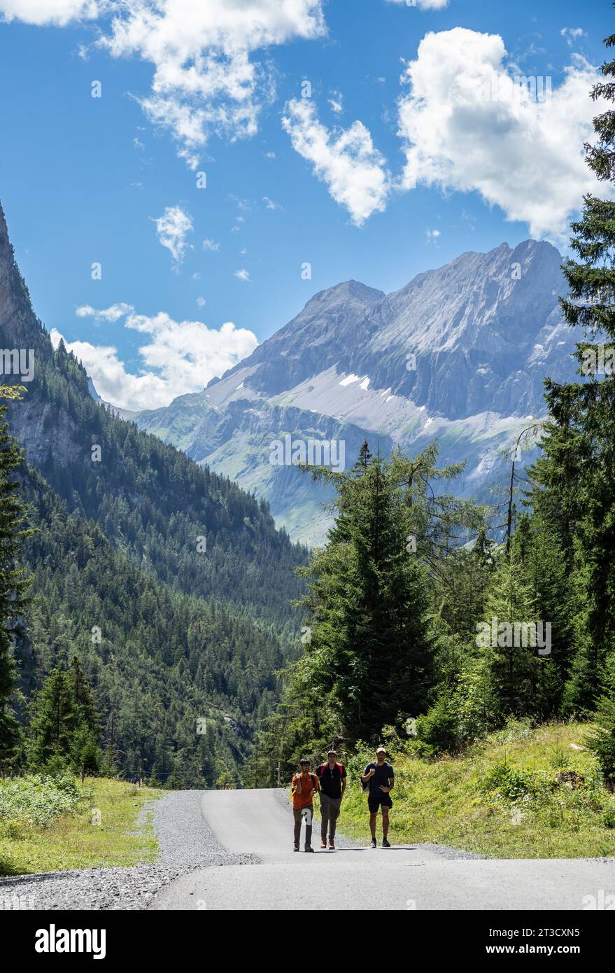 Kandersteg, Schweiz–Aug 3,2023: Indianer wandern in den Alpen mit Schneemügeln und Kiefern Stockfoto