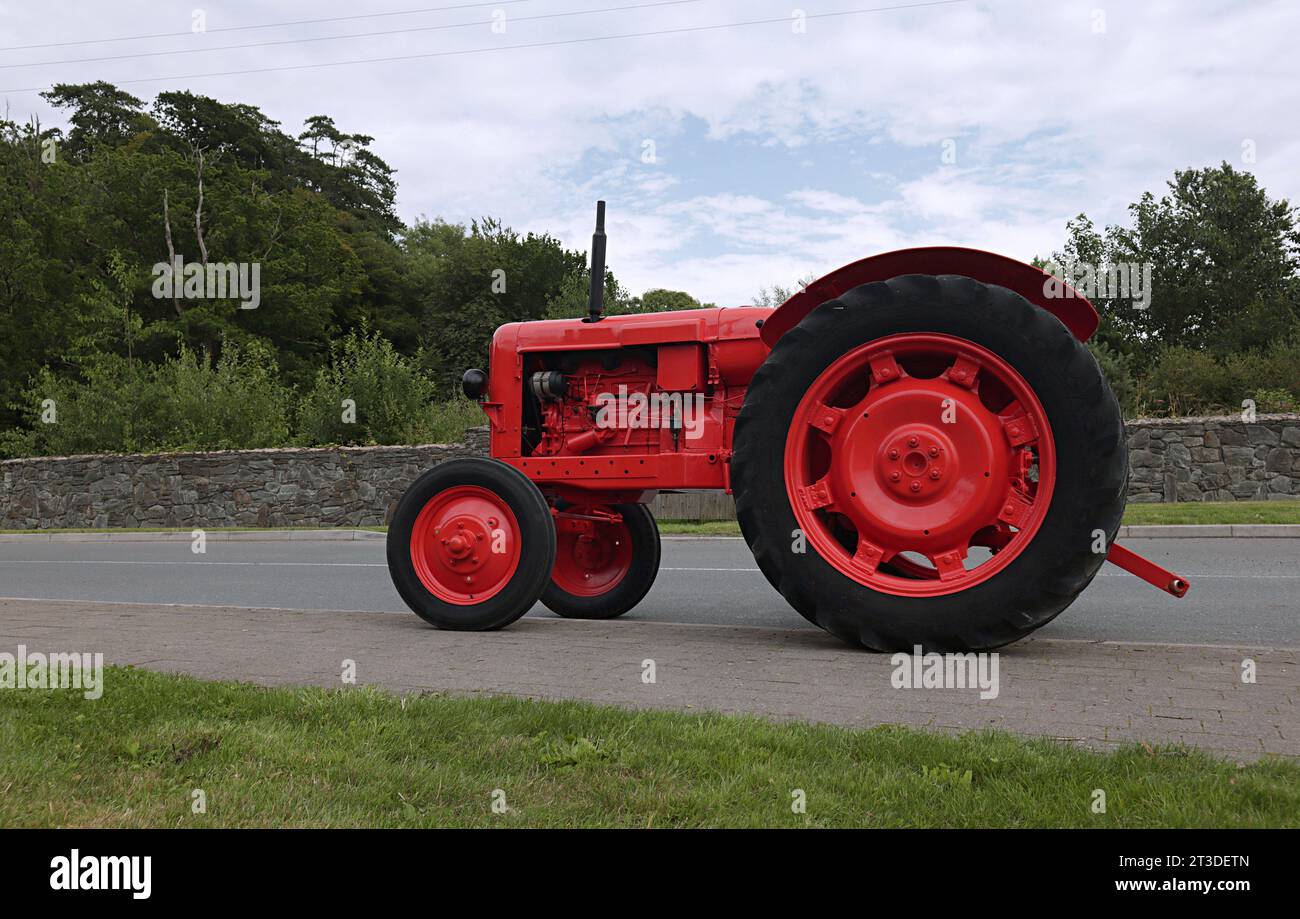 Alter Traktor auf der Straße in roter Farbe. Stockfoto
