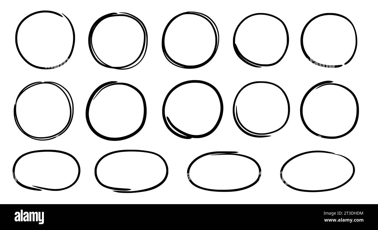 Ovales Set mit gezeichneter Stiftlinie. Handgezeichneter Markierstift mit ovalem Rahmen im Strichstil. Scribble Round Frame for Text Highlight (Runder Rahmen für Textmarkierung). Grunge Scratch-Set. Vektorillustration Stock Vektor