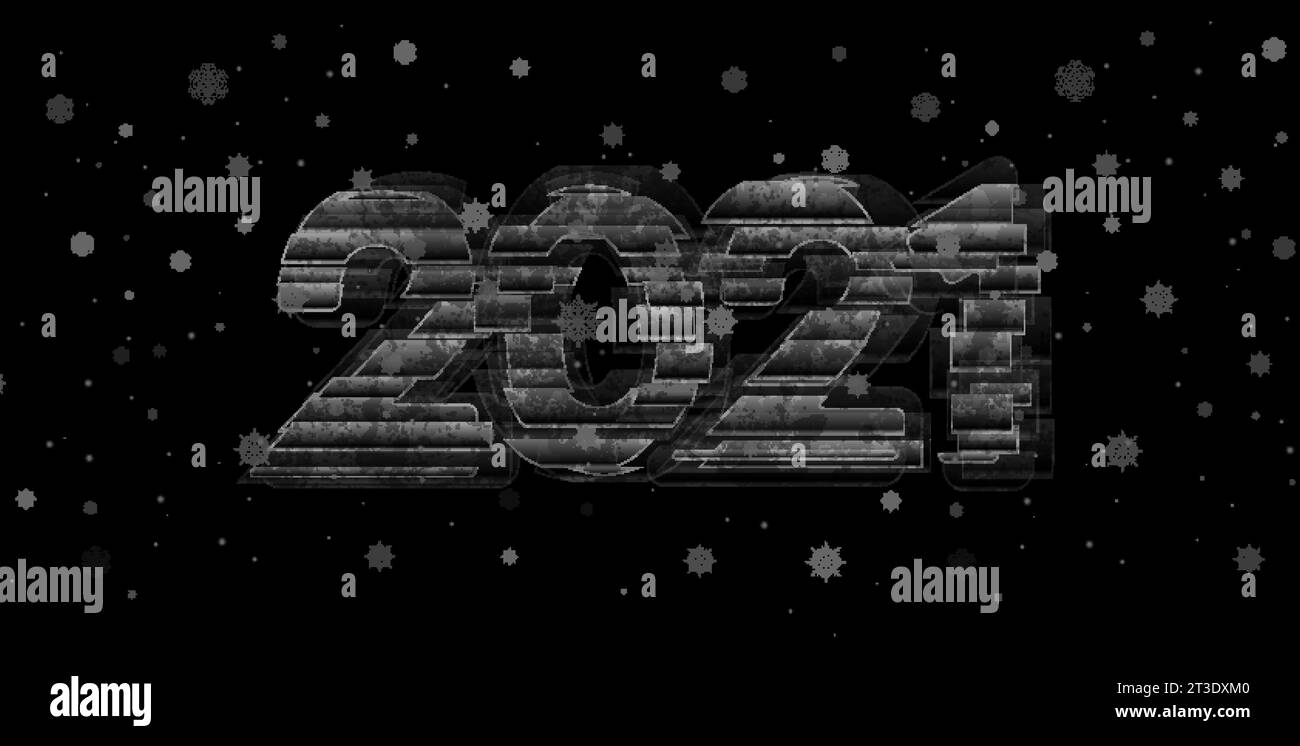 Dunkler Grunge-Retro-Glitch 2021 abstrakter Silvester-Hintergrund mit fallenden Schneeflocken. Vektorgrafik Stock Vektor