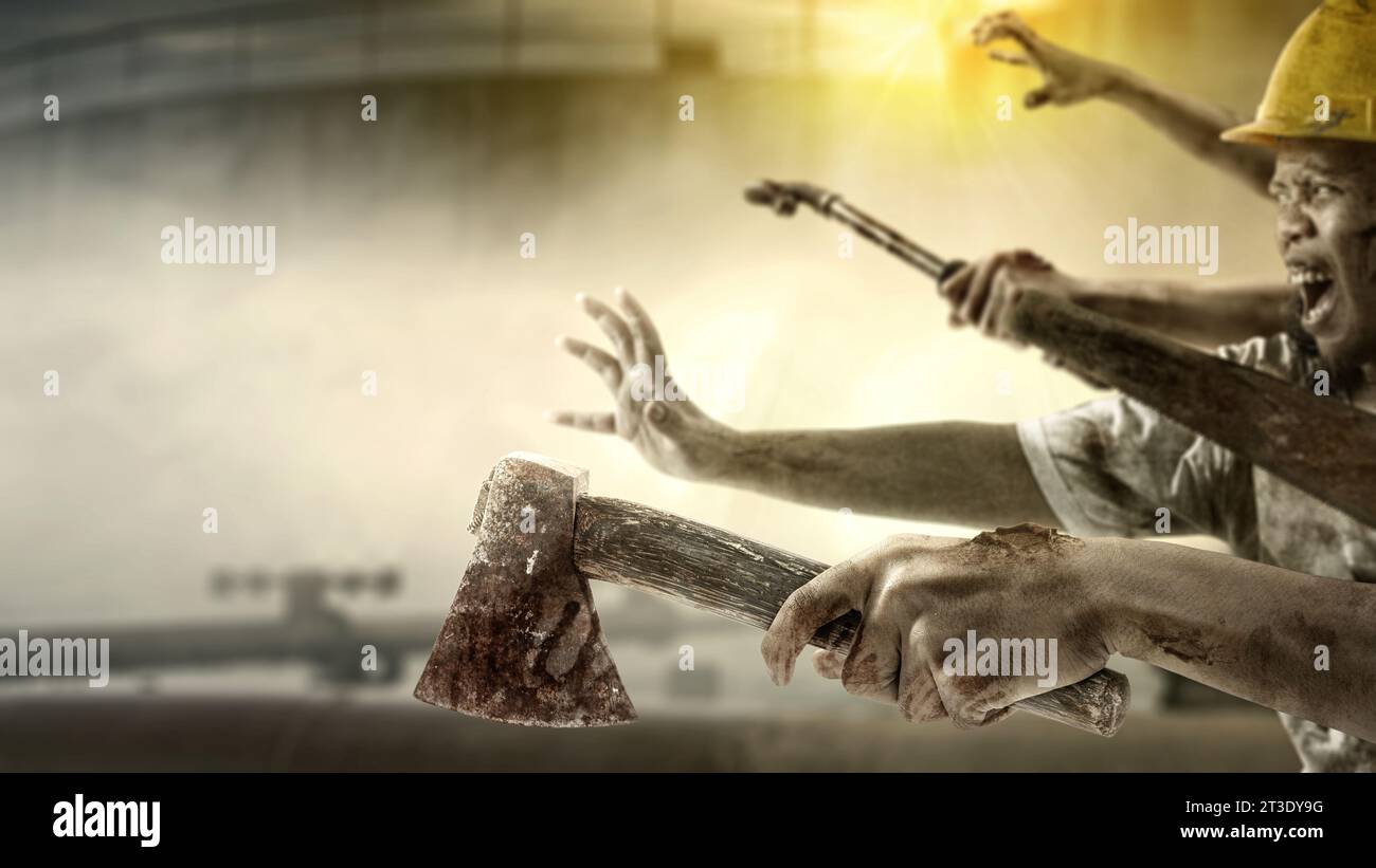 Zombiehände mit dunklem Hintergrund. Gruseliges Halloween-Konzept Stockfoto