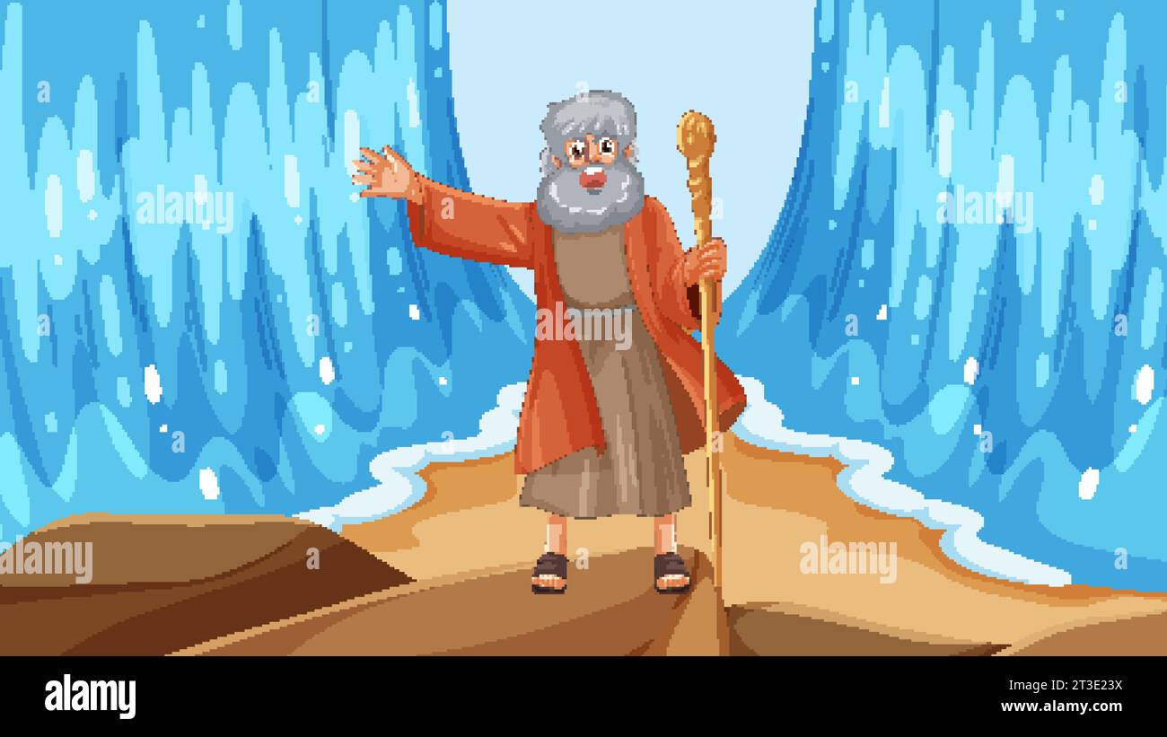 Eine lebendige und dynamische Zeichentrickillustration, die die religiöse Geschichte von Moses beim Abschied vom Roten Meer zeigt Stock Vektor