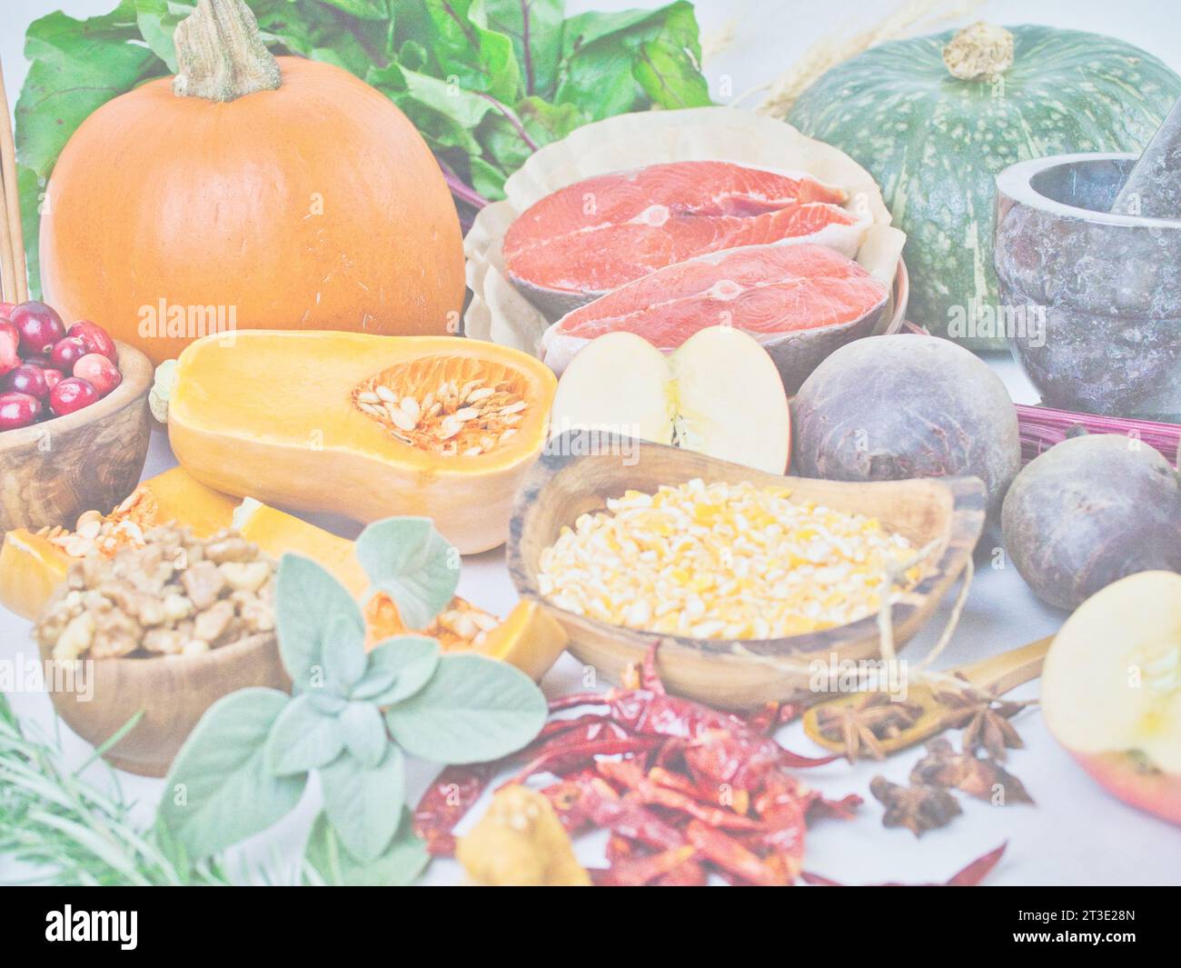 Verblasstes Bild für Hintergrund- oder Textüberlagerung von verschiedenen bunten Gemüsesorten für gesunde Ernährung oder peskatarisches Thanksgiving. Stockfoto