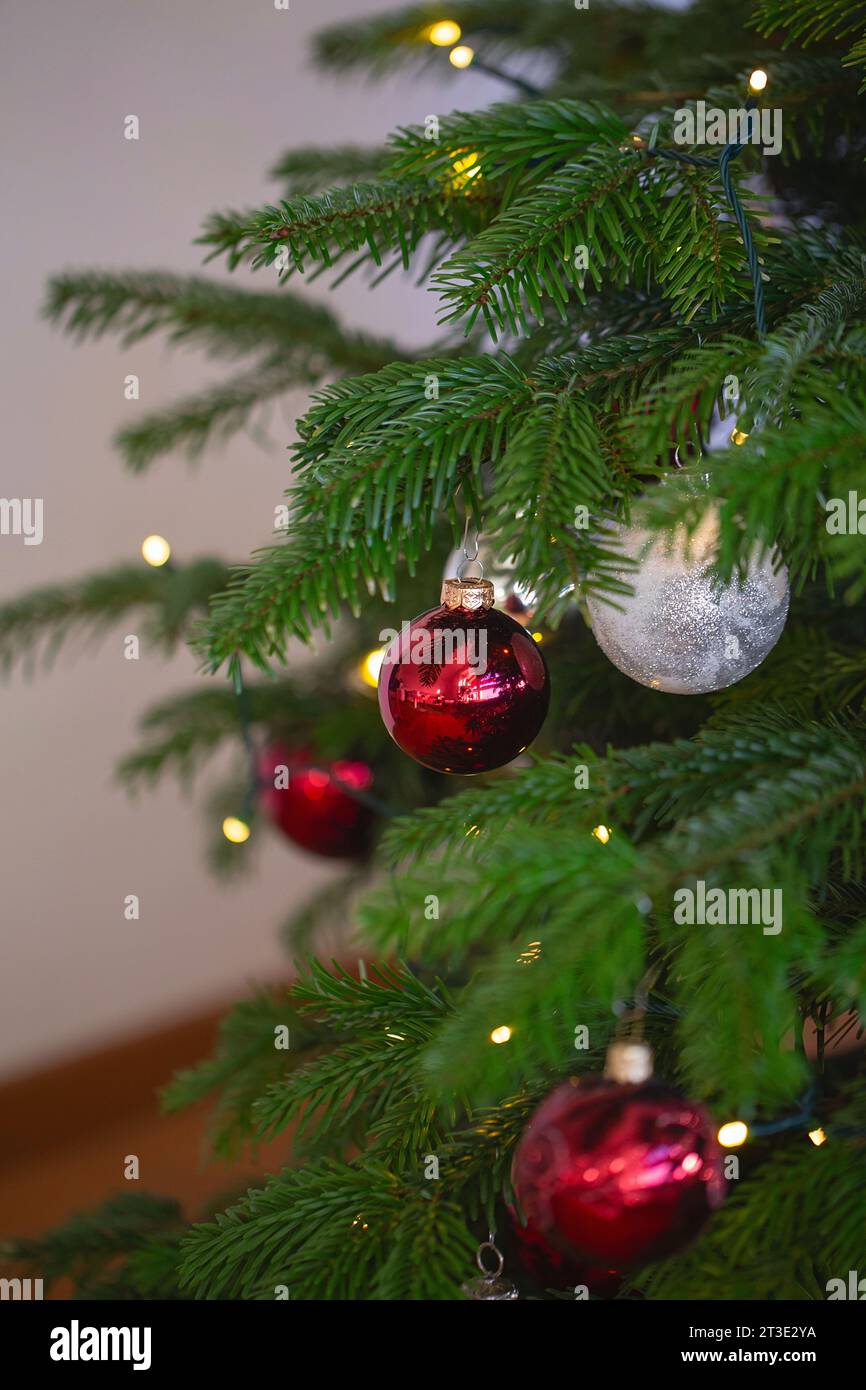 Gemütliches Neujahrszimmer mit Weihnachtsbaum und Girlanden. Weihnachtsdekoration im Haus Stockfoto