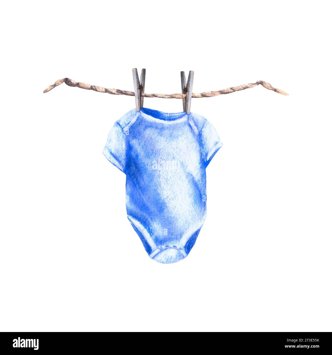 Babyblauer Body mit Wäscheleinen und Wäscheklammern. Es ist ein Junge, kleiner Junge. Aquarellhandzeichnung Illustration isolierter weißer Hintergrund. Einstellen auf Stockfoto