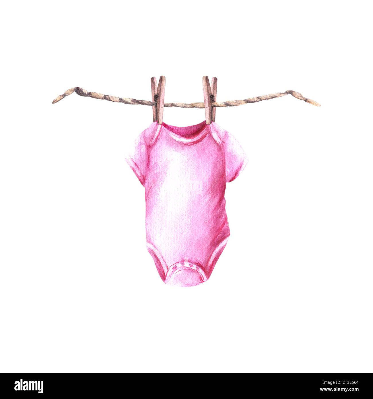 Rosafarbener Body mit Wäscheleinen und Wäscheklammern. Es ist ein Mädchen, kleines Mädchen. Aquarellhandzeichnung Illustration isolierter weißer Hintergrund. Einstellen auf Stockfoto
