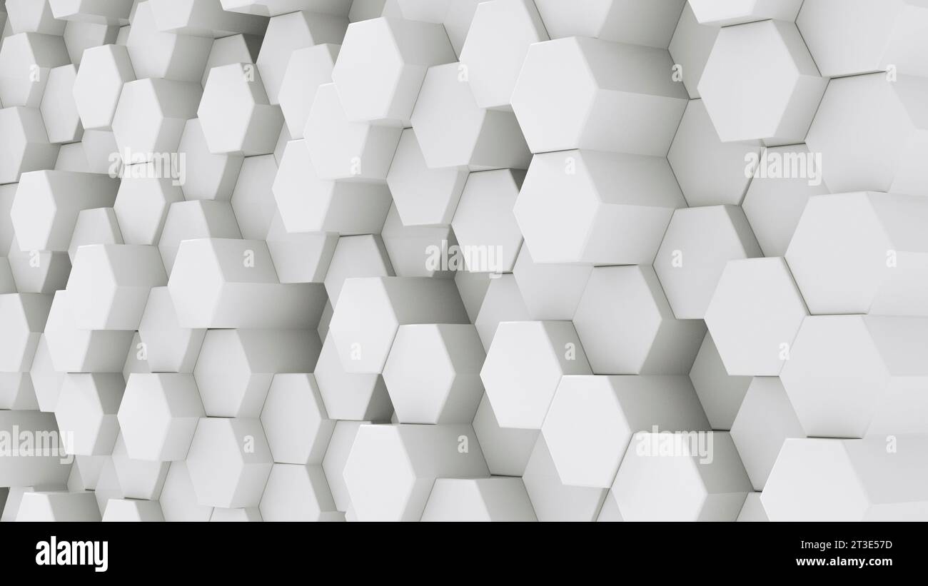 Sechseckige Wandperspektive, weiße Hintergrundstruktur, Technologie- oder Modekonzept. 3D-Rendering Stockfoto