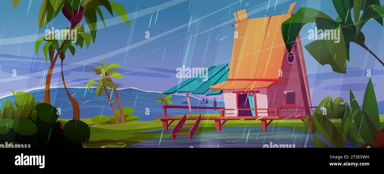 Fischerhaus am Meer bei stürmischem Wetter. Vektor-Cartoon-Illustration der tropischen Landschaft mit schäbiger Hütte am Strand mit Wasser überflutet, strömendem Regen, starkem Wind, der Palmen beugt, bewölkter Himmel Stock Vektor