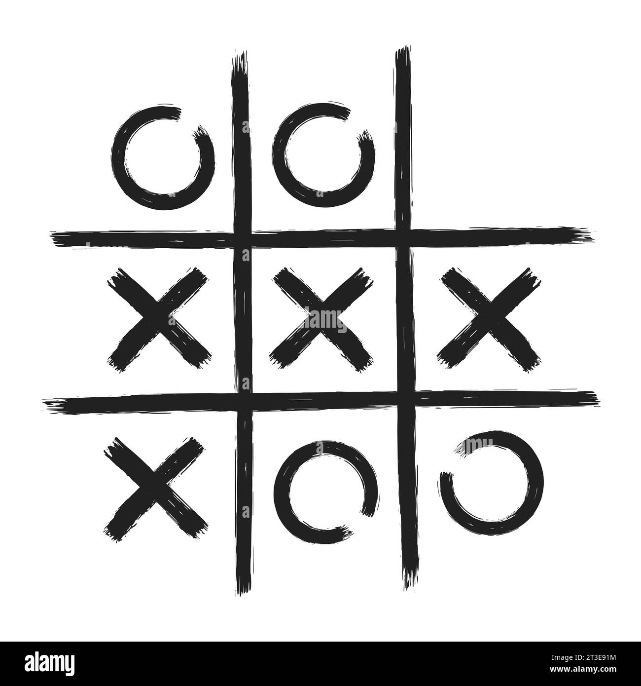 TIC Tac Toe xo Spiel Hand gezeichnet Raster Kritzelschablone Vektor Illustration isoliert auf weißem Hintergrund. Dreckige Grunge Line Tic Tac Toe Spielsymbole. Stock Vektor