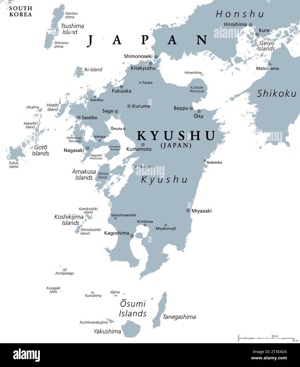 Kyushu, graue politische Karte. Eine der fünf Hauptinseln Japans, südwestlich von Honshu und Shikoku, getrennt durch das Seto-Binnenmeer. Stockfoto