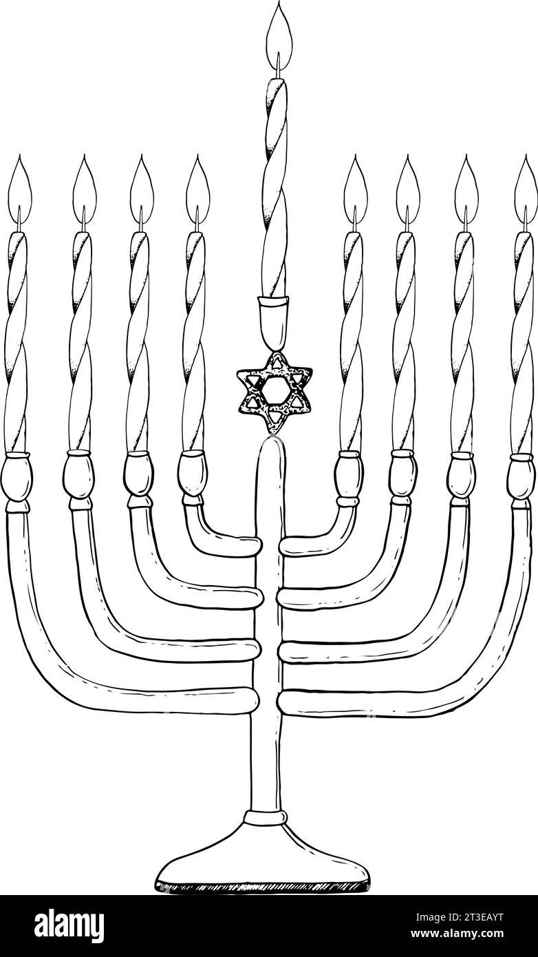 Hanukkah Menora mit Kerzen schwarz-weiß Skizze Stock Vektor