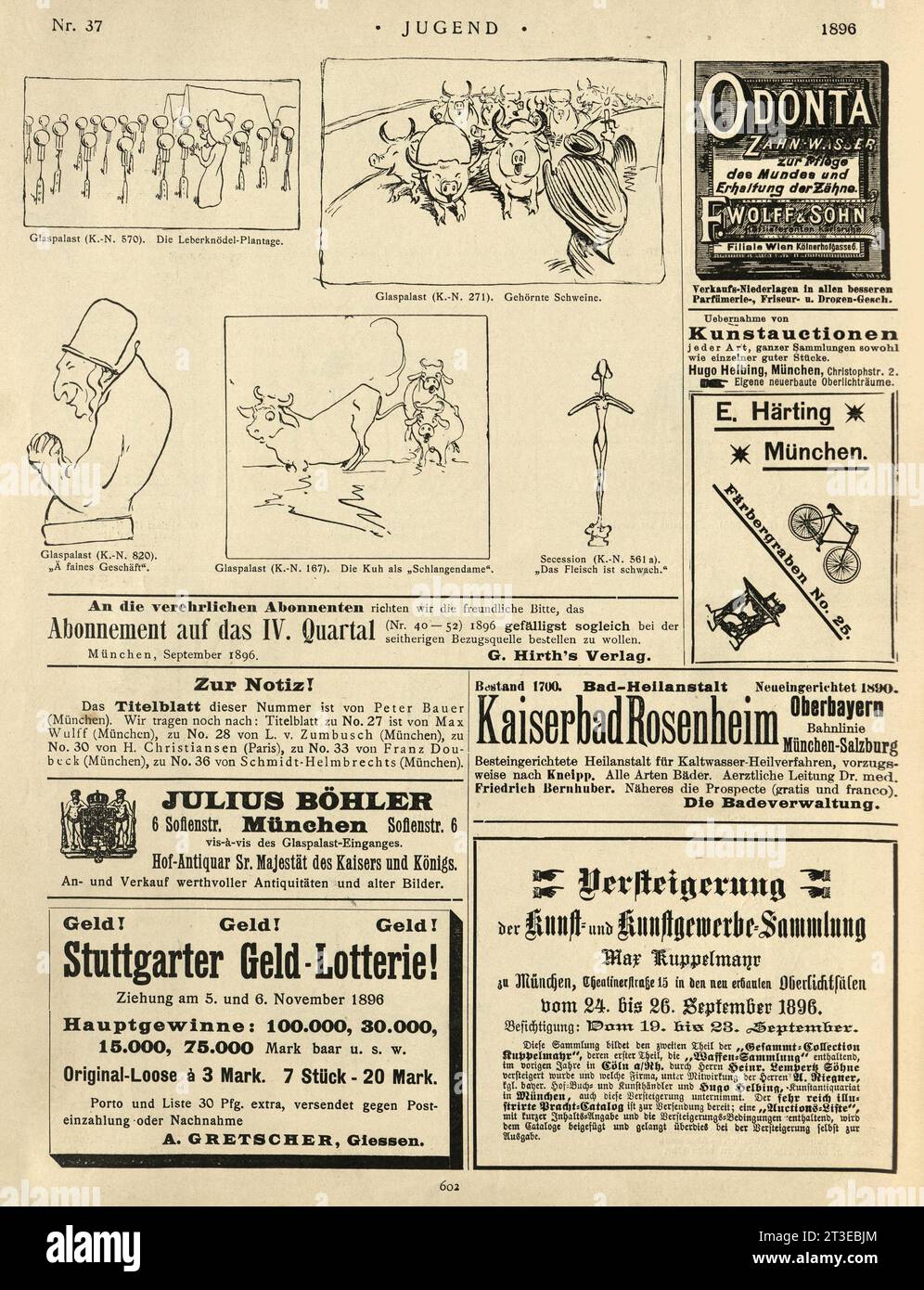 Zeitungsanzeigen und Karikaturen, 1890er Jahre, Jugend Stockfoto
