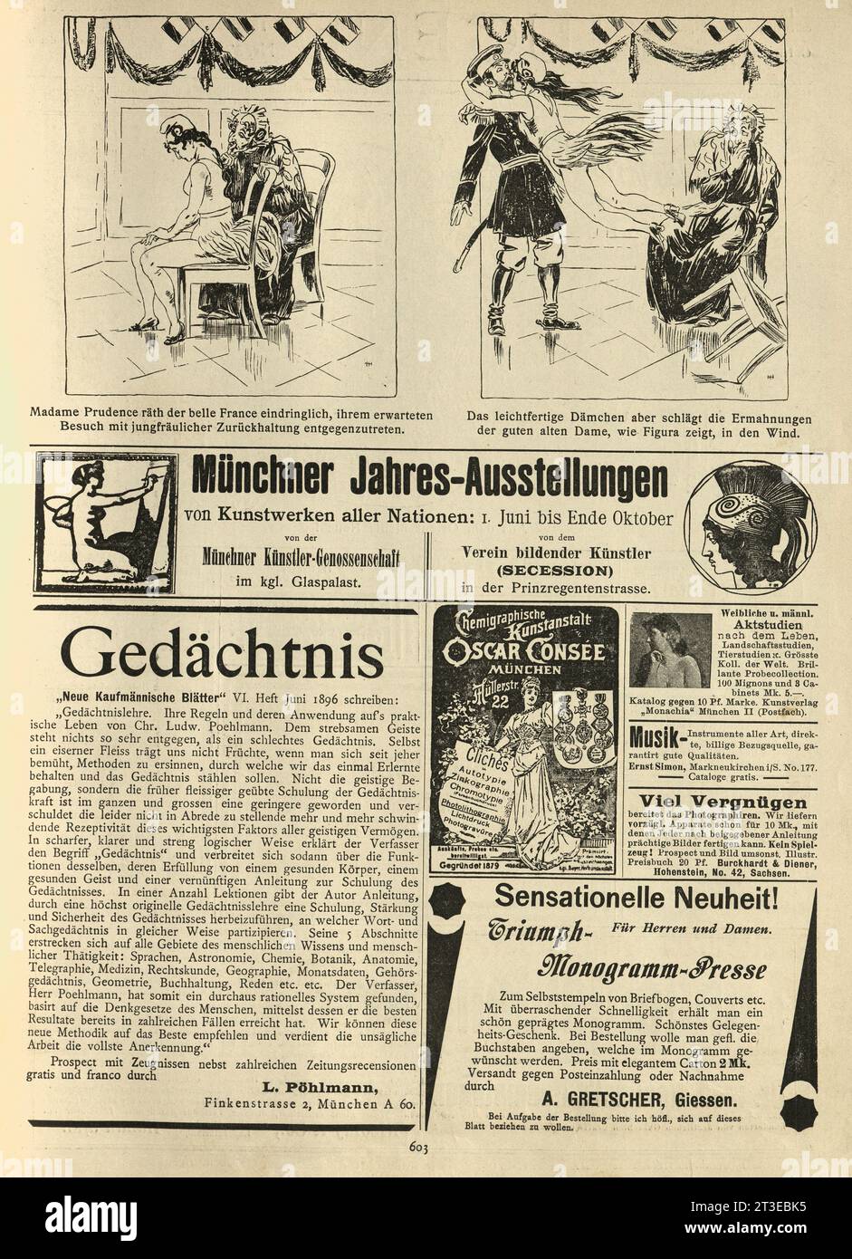 Vintage-Zeitungsanzeigen und -Karikaturen, 1890er Jahre, Jugend Stockfoto