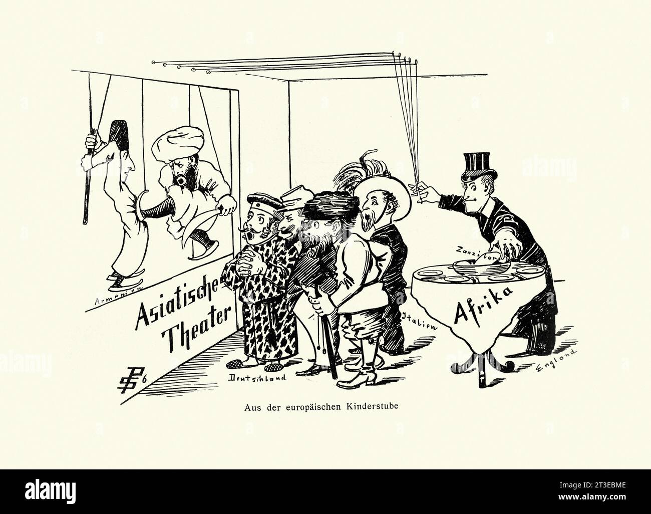 Vintage-Cartoon über Kolonialismus, britische Kontrolle über Sansibar, Jugendstil, Jugendstil, deutsche 1890er Jahre Stockfoto