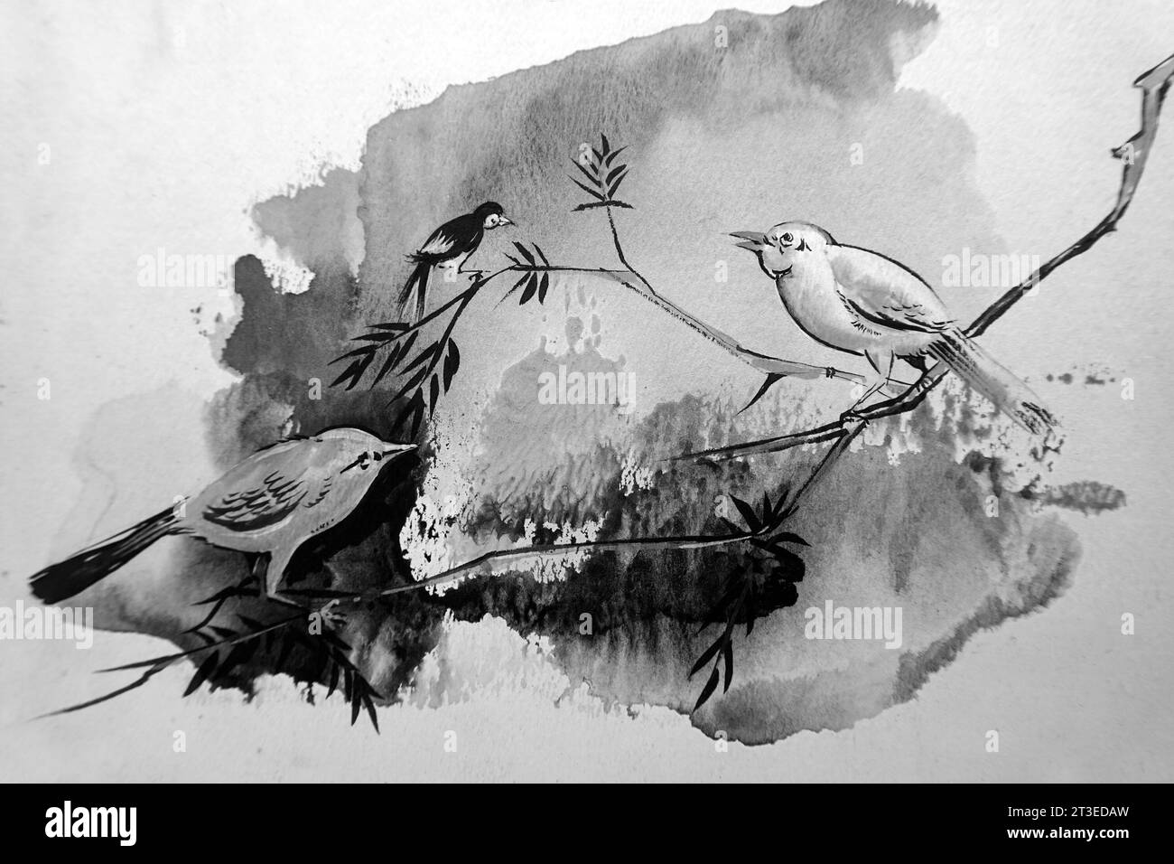 Original Schwarz-weiß-Ölgemälde abstrakter Expressionismus Vogel im Wald Stockfoto