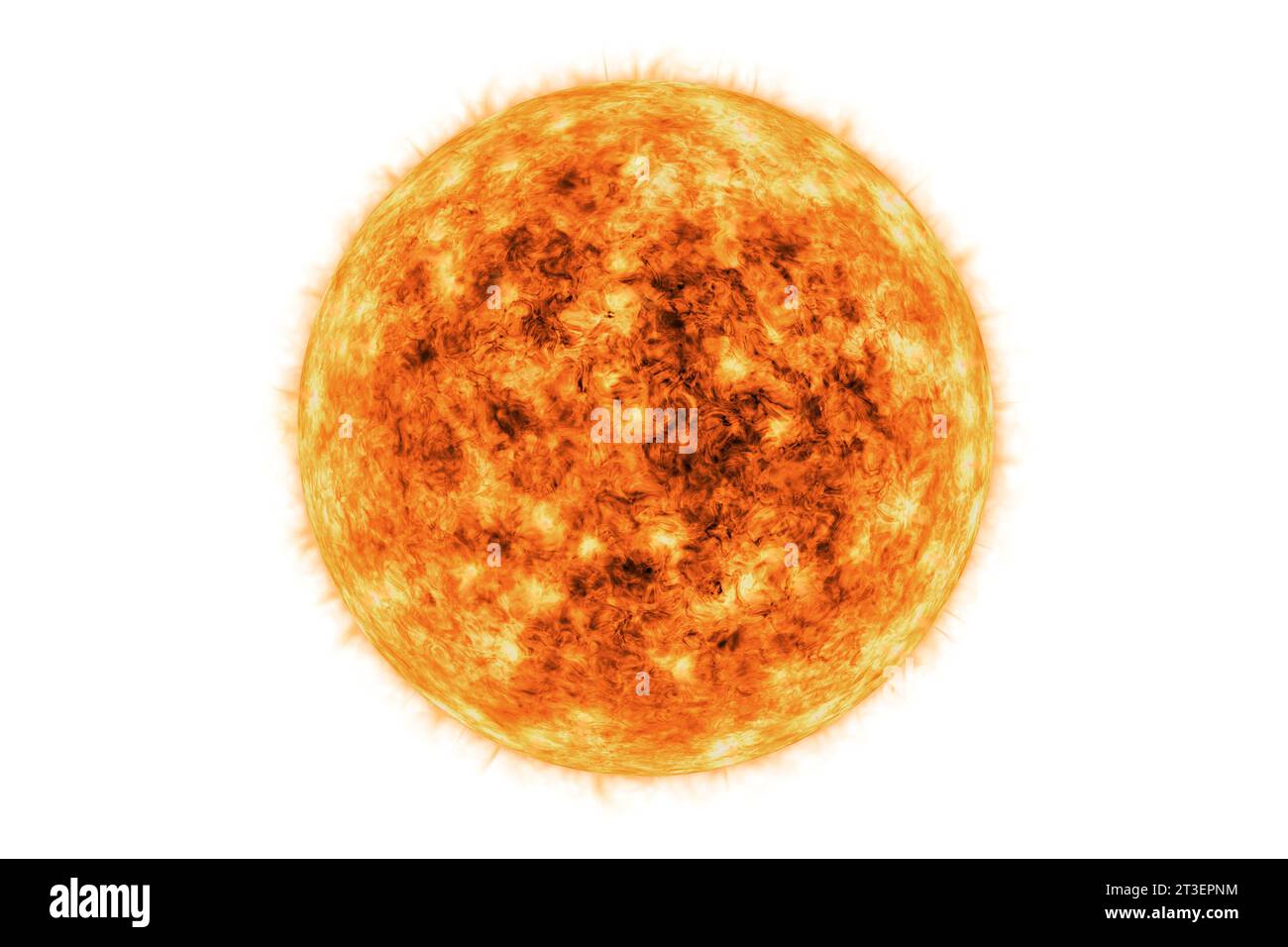 Realistische gelbe Sonne oder Stern oder Feuerball isoliert auf weißem Hintergrund oder ausgeschnittene 3D-Rendering-Illustration. Stockfoto