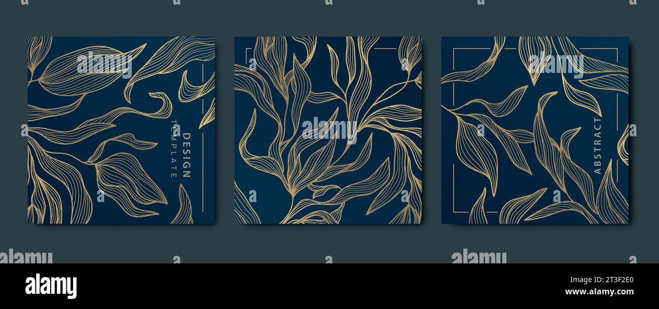 Vektorsatz abstrakter goldener quadratischer Luxuskarten, Postschablonen für Hochzeitseinladungen, Art-Deco-Blätter botanischer Tapetenhintergrund. Muster Stock Vektor