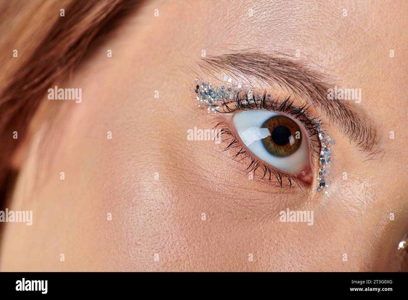 Nahaufnahme einer jungen Frau mit Feiertagsschminke, weibliches Auge mit schimmerndem Lidschatten, der wegblickt Stockfoto