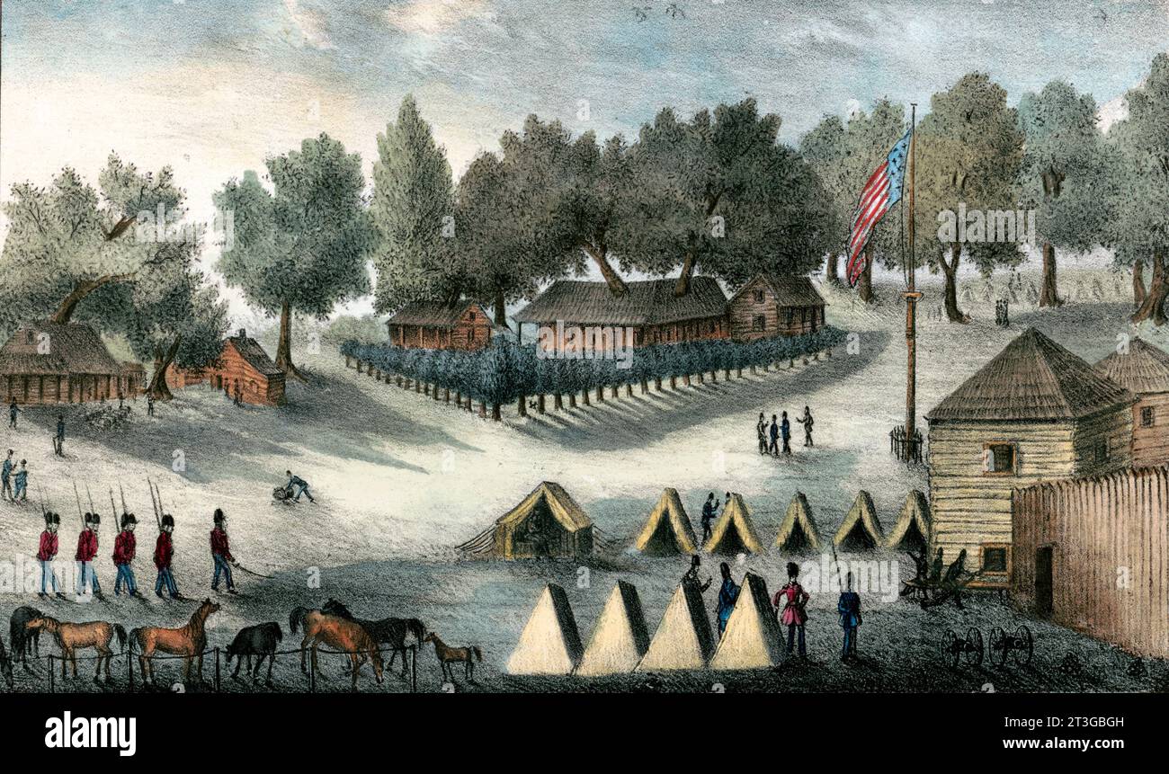 Seminolenkriege. Blick auf Kasernen und Zelte in Fort Brooke während des Zweiten Seminolenkrieges in Florida 1835. Handfarbige Lithografie, 1837 Stockfoto