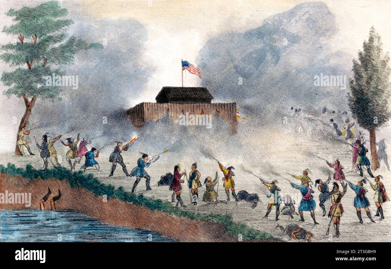 Seminolenkriege. Angriff der Seminolen auf das Blockhaus. Print zeigt einen Angriff der Seminolen auf ein Fort am Withlacoochee River im Dezember 1835. Handkolorierte Lithographie, 1837 Stockfoto