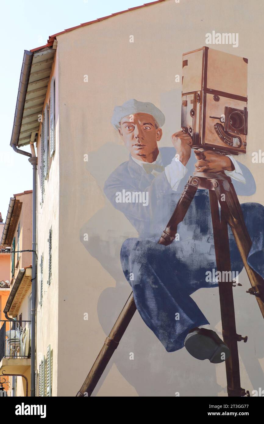 Frankreich, Alpes Maritimes, Cannes, Suquet Viertel, Wandgemälde über die Welt des Kinos und gewidmet Buster Keaton Stockfoto