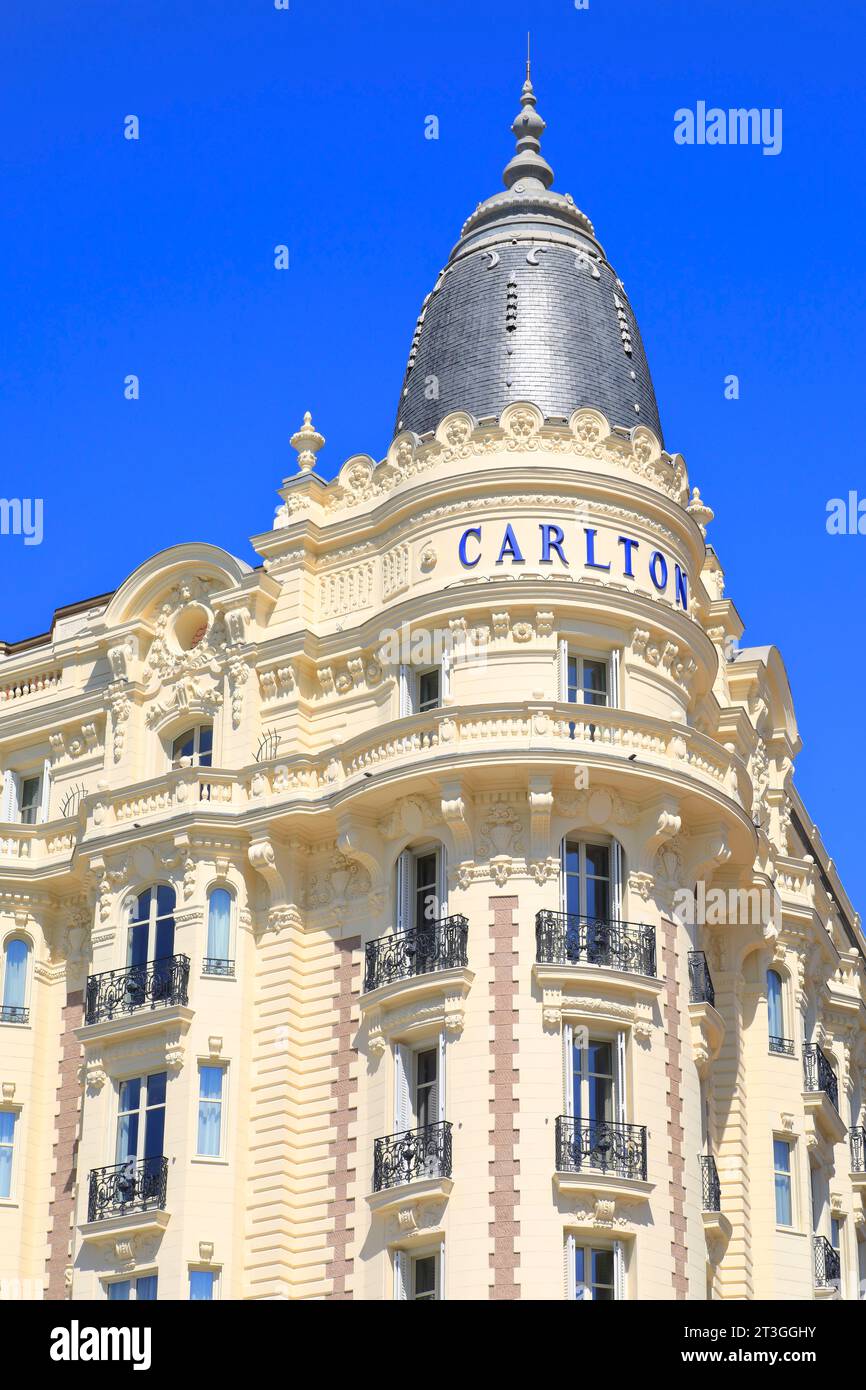 Frankreich, Alpes Maritimes, Cannes, Croisette, Hotel Carlton (historisches Denkmal aus dem Jahr 1913, das zum Kulturerbe des 20. Jahrhunderts gehört), Außenansicht mit seiner Rotunde Stockfoto
