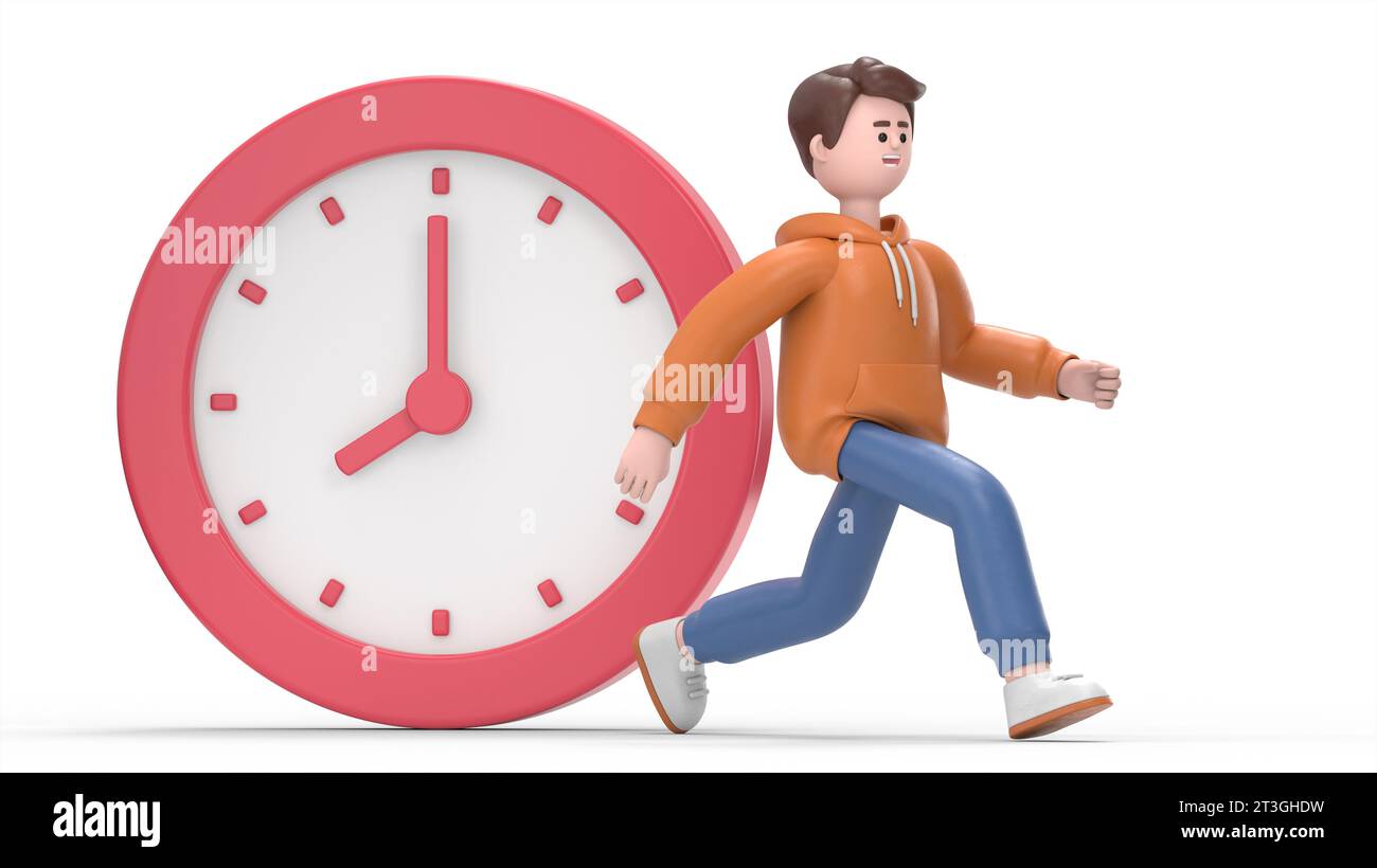 3D-Illustration des lächelnden Geschäftsmannes Qadir, der in Panik läuft. Büroangestellte beeilen sich mit der Arbeit, haben keine Zeit, die Frist einzuhalten. Stockfoto