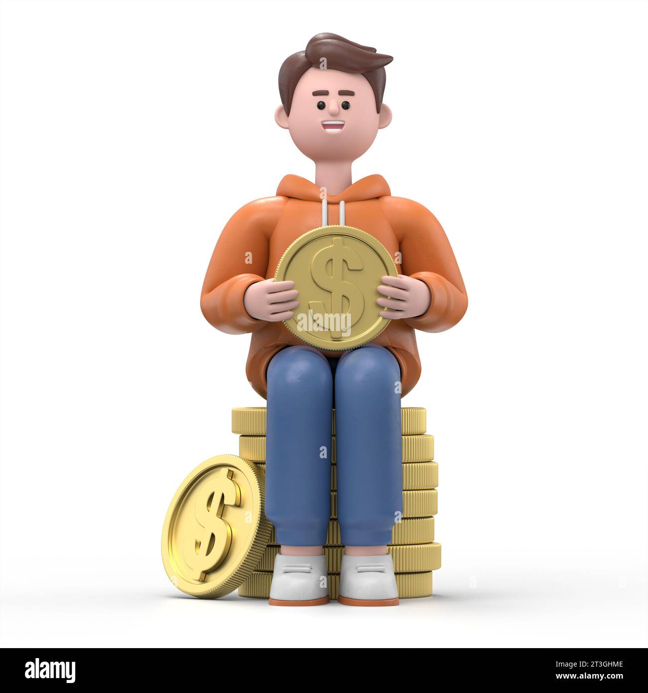 3D-Illustration des lächelnden Geschäftsmannes Qadir, der eine Goldmünze hält. Geld verdienen, Kapital erhöhen, Geldstreben, Kapitalgewinne, Geldgewinne c Stockfoto