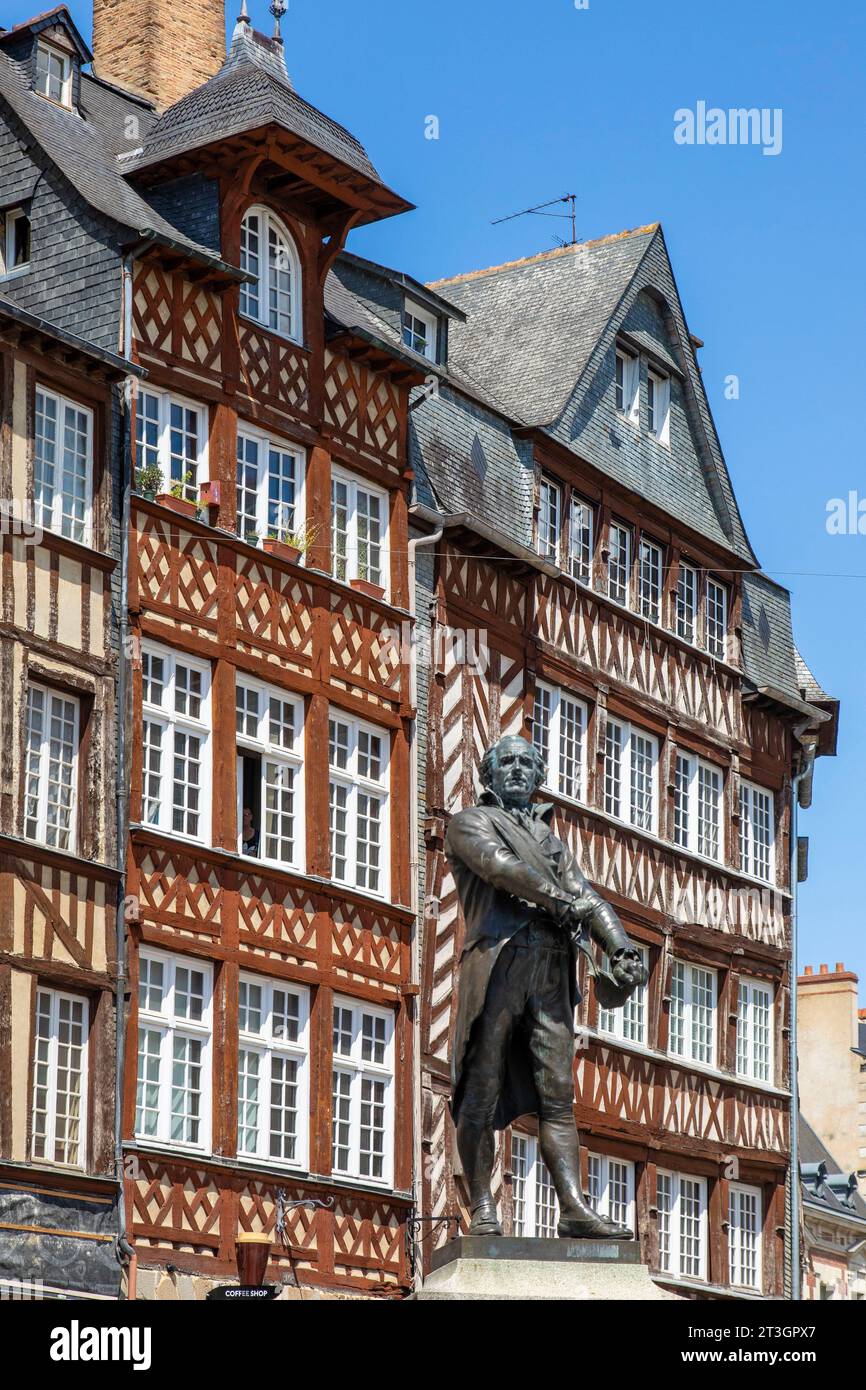 Frankreich, Ille et Vilaine, Rennes, champ-jacquet Platz mit Fachwerkhäusern aus dem 17. Jahrhundert, Statue von Johannes Leperdit, Herr Schneider und der ehemalige Bürgermeister von Rennes gefüttert Stockfoto