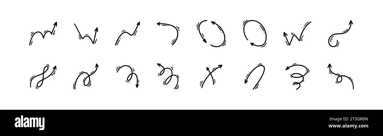 Handgezeichnete Kritzelpfeile gesetzt. Symbole für Skizzenlinien. Richtungszeiger. Scribble, Fehlinrichtung, Twist, Swive, Swirl, Design-Elemente mit Schlaufe und Swoosh Stock Vektor