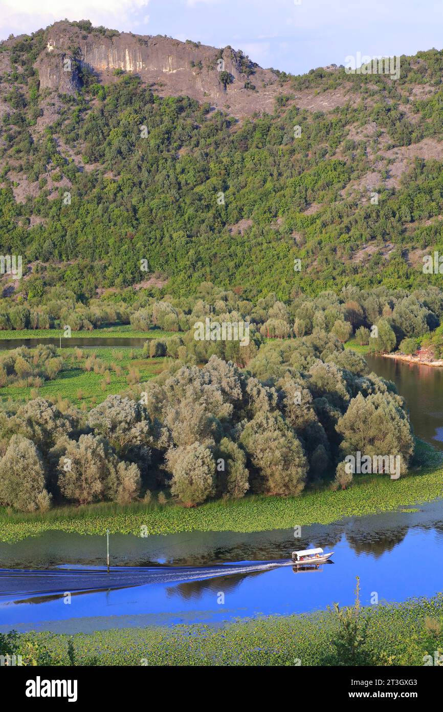 Montenegro, Skadar-See (Shkodra-See), Skadar-Nationalpark, Rijeka Crnojevica, Boot auf den Mäandern des Crnojevica-Flusses Stockfoto