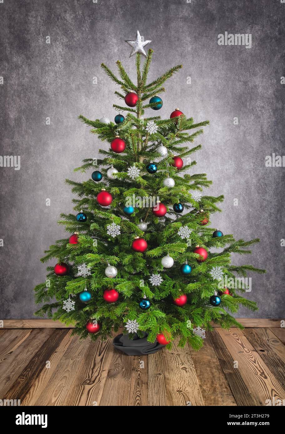 Dekorativer Weihnachtsbaum auf Holzboden mit grauer strukturierter Wand, mit roten, silbernen und blaugrünen Kugeln Stockfoto