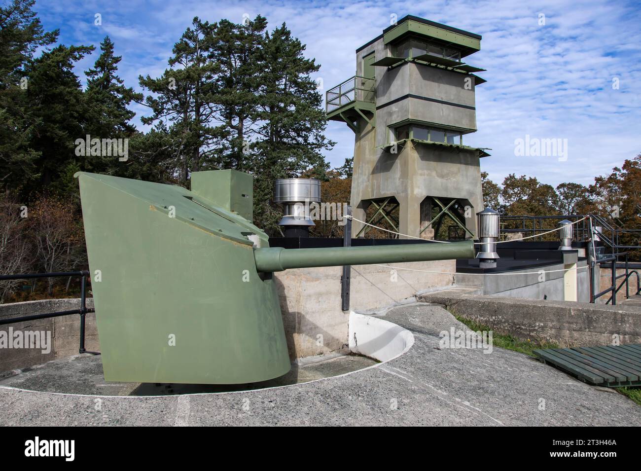 Schnell abfeuernde Pistole an der Fort Rodd Hill & Fisgard Lighthouse National Historic Site in Victoria, British Columbia, Kanada Stockfoto