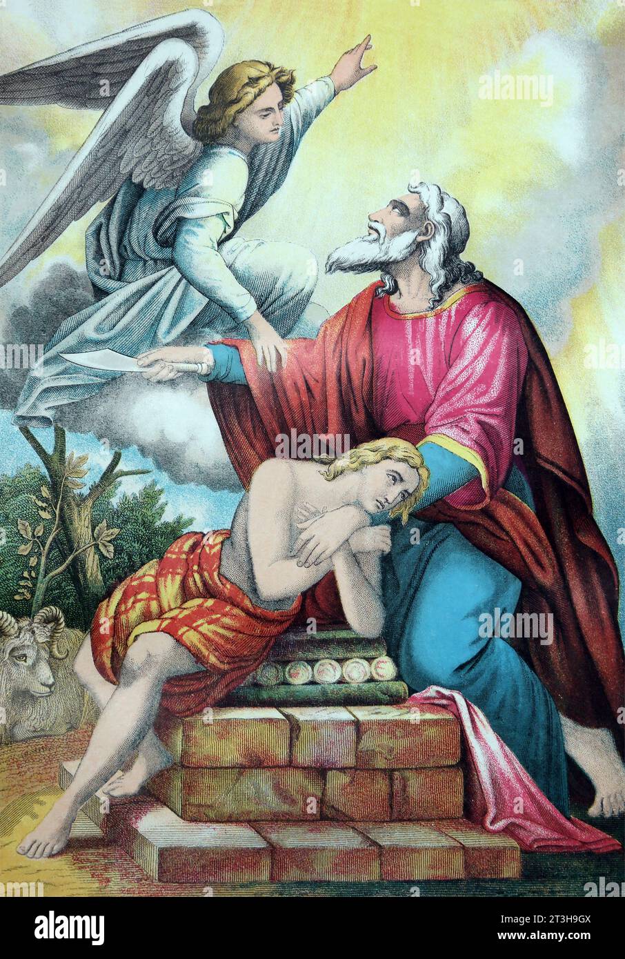 Abraham opferte Isaak und den Engel des Herrn, und Abraham streckte seine vierte Hand und nahm das Messer, um seinen Sohn und den an zu töten Stockfoto