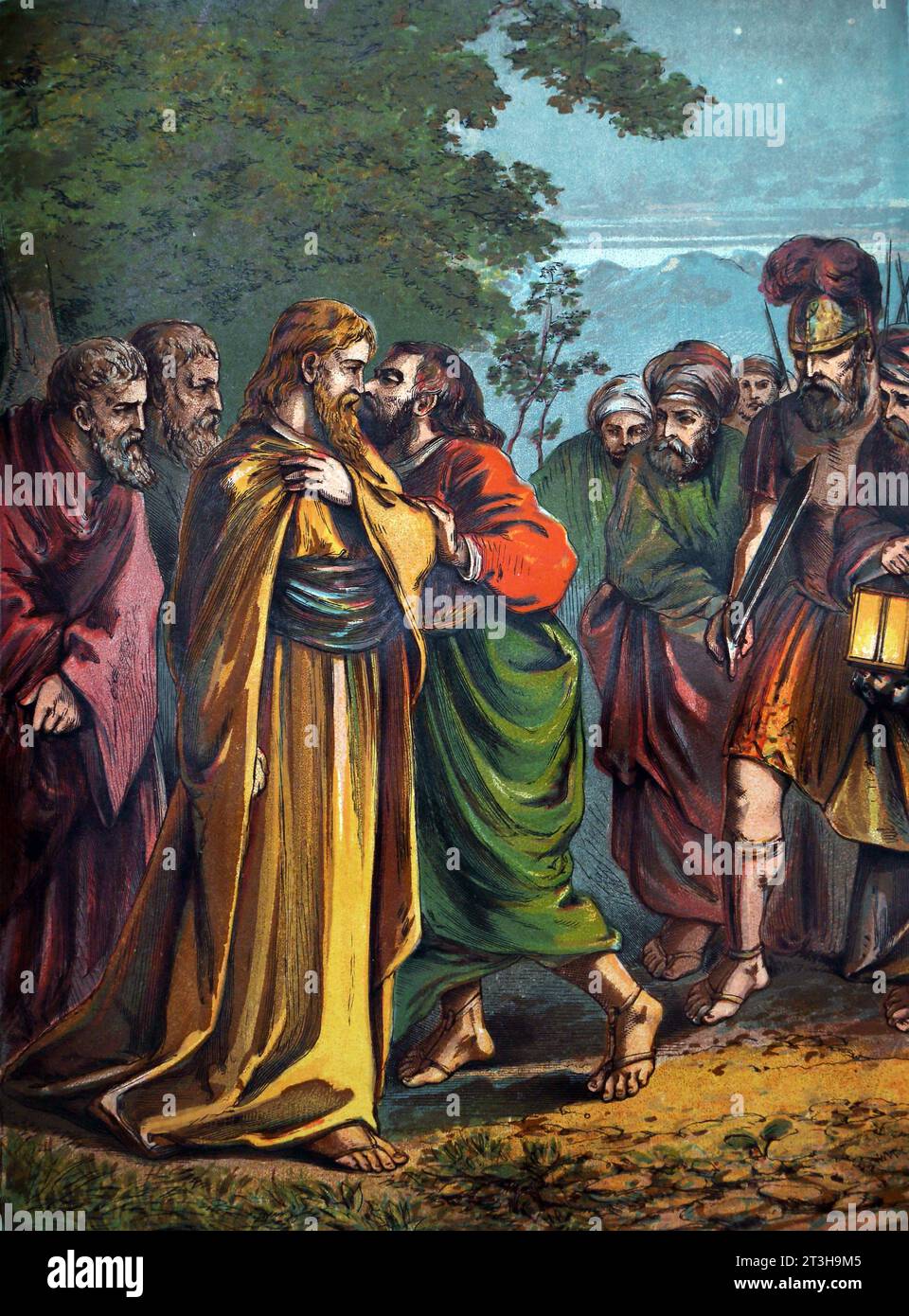 Bibelgeschichte Illustration des „Judas-Kusses“ im Garten des Neuen Testaments von Gethsemane (Mark) Markusevangelium Stockfoto