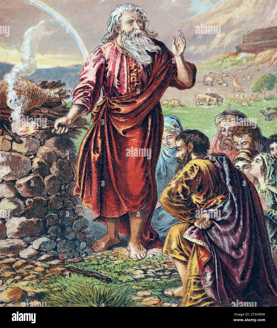 Und Noah baute dem Herrn ein Alter und nahm jedes saubere Tier und jedes saubere Geflügel ab und opferte Brandopfer Stockfoto