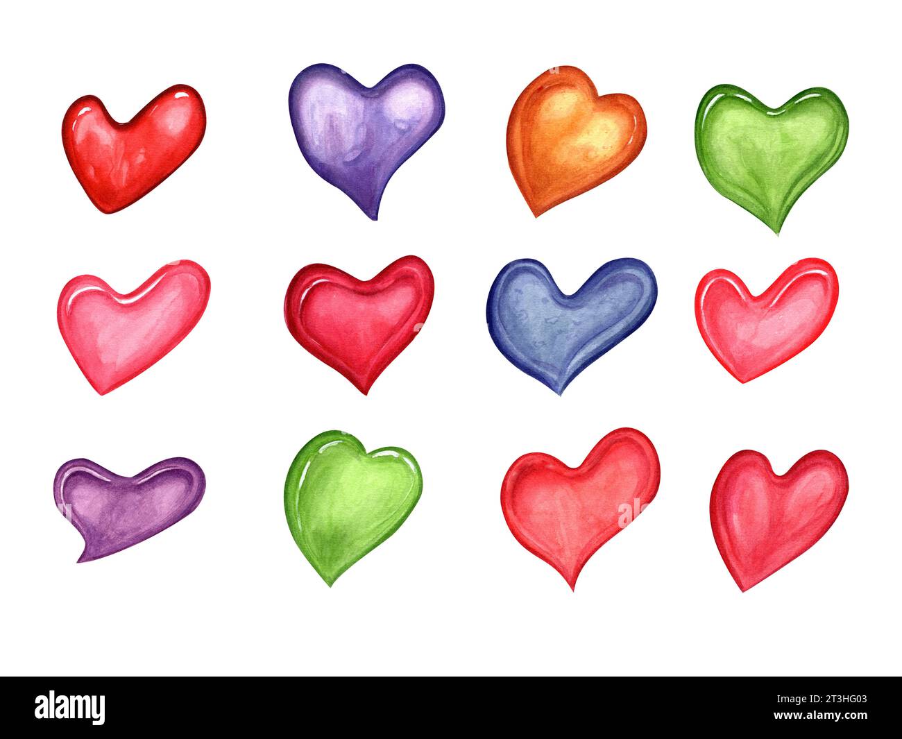 Romantisches, durchscheinendes Herz in Aquarellfarben. Herzen in verschiedenen Formen und Farben. Handgezeichnete Abbildung. Set für die Gestaltung von Feiertagen, Hochzeitseinladungen Stockfoto