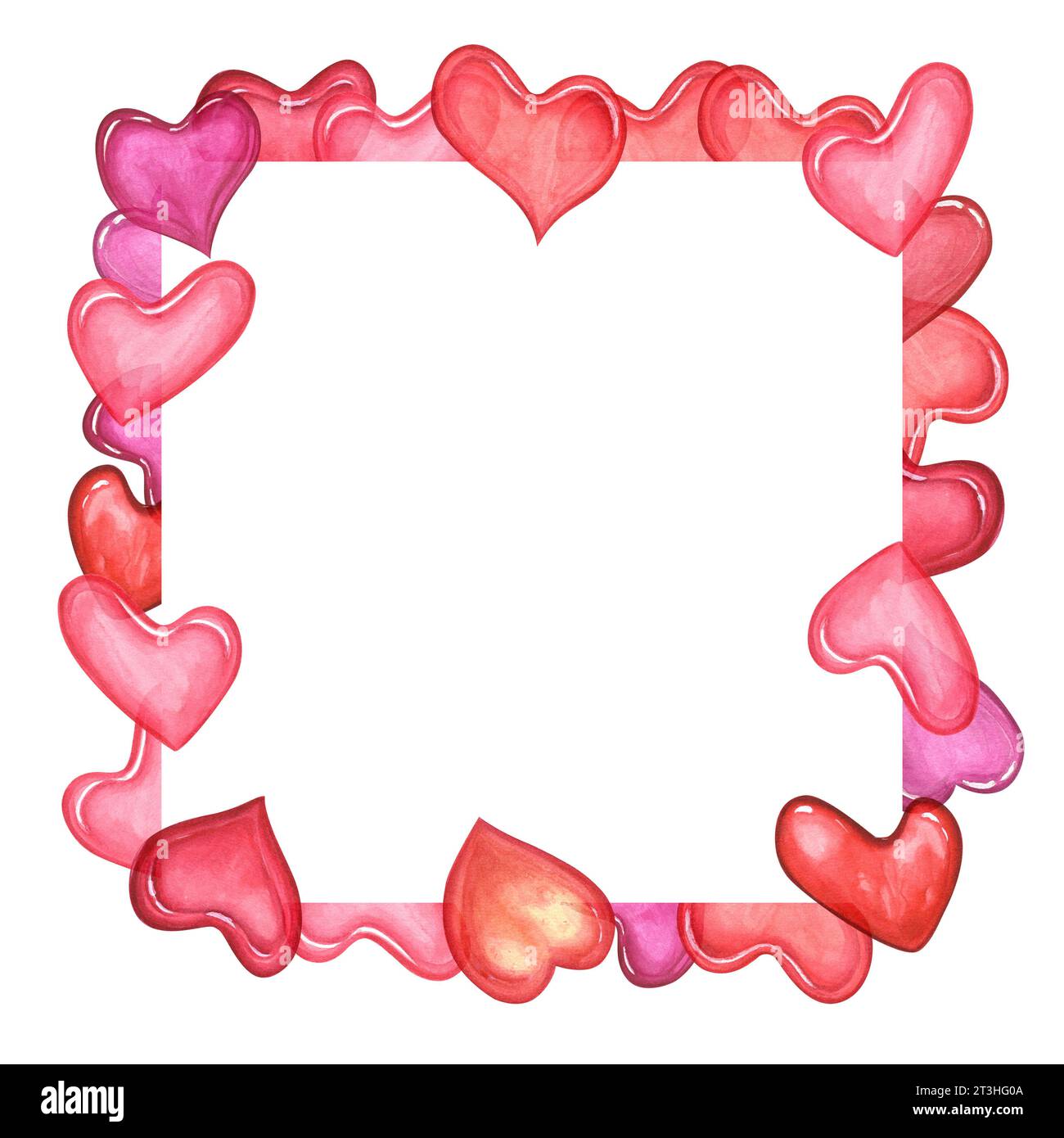 Quadratischer Rahmen aus rosa Herzen. Transparente Herzen verschiedener Formen. Aquarellillustration mit romantischem Symbol. Kopierbereich für Text. Stockfoto