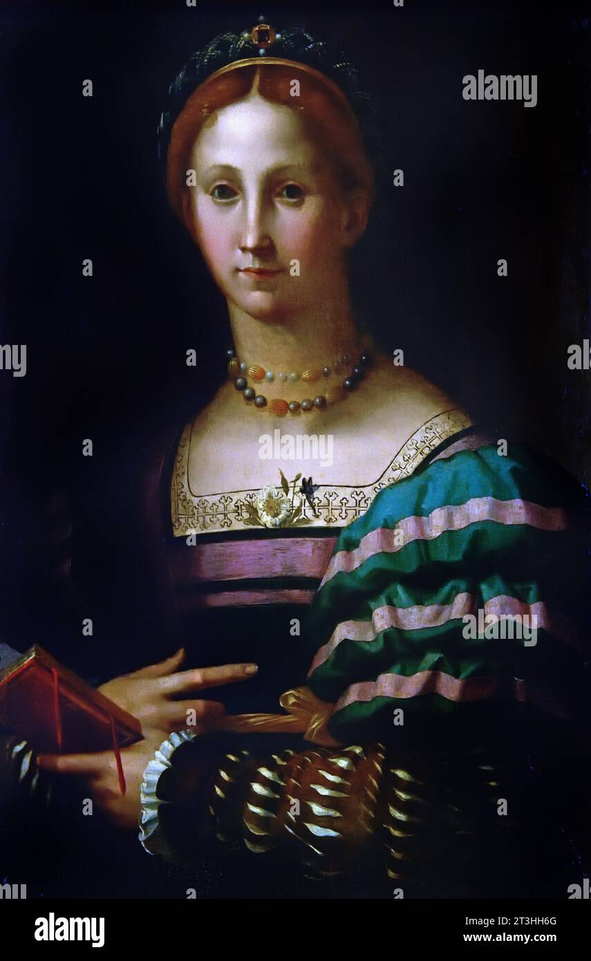 Porträt einer Dame 1550-60 Bronzino Italienisch, Museum, Italien. (Frau mit einem undurchdringlichen Blick. Sie leugnet uns einen Blick auf ihre inneren Gefühle, aber signalisiert ihre soziale Klasse. Ihr prunkvolles Kostüm und ihre Auswahl an Accessoires sprechen für sie. Agnolo di Cosimo, auch Bronzino oder Agnolo Bronzino genannt, war ein italienischer manieristischer Maler aus Florenz. Stockfoto