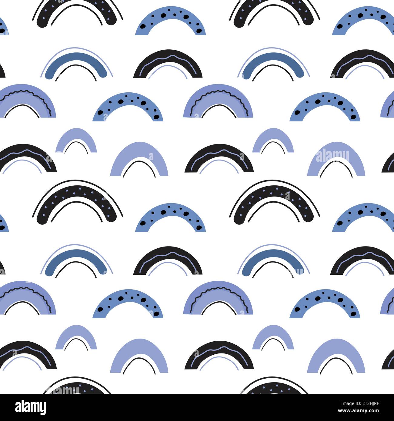 Blaue Regenbogen mit nahtlosem Regenmuster. Skandinavisches Konzept für Texturdesign. Stock Vektor