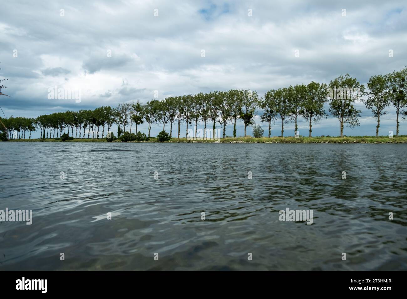 Malerischer Blick auf einen See mit einer Reihe von grünen Bäumen und einem Himmel voller Wolken, der die Schönheit der Natur zeigt Stockfoto