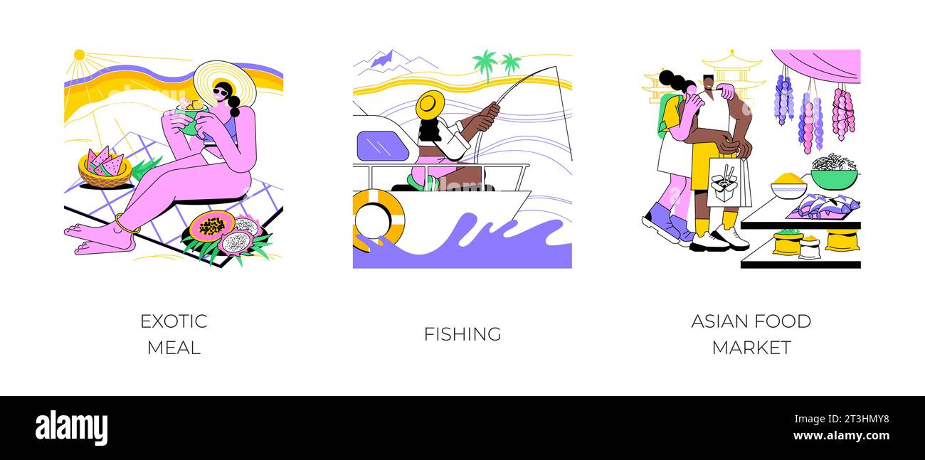 Exotisches Ziel isolierte Cartoon Vektor Illustrationen Set. Frau, die tropische Früchte am Strand isst, von einem Boot aus während der Sommerferien angeln, asiatischen Lebensmittelmarkt-Vektor-Cartoon besuchen. Stock Vektor