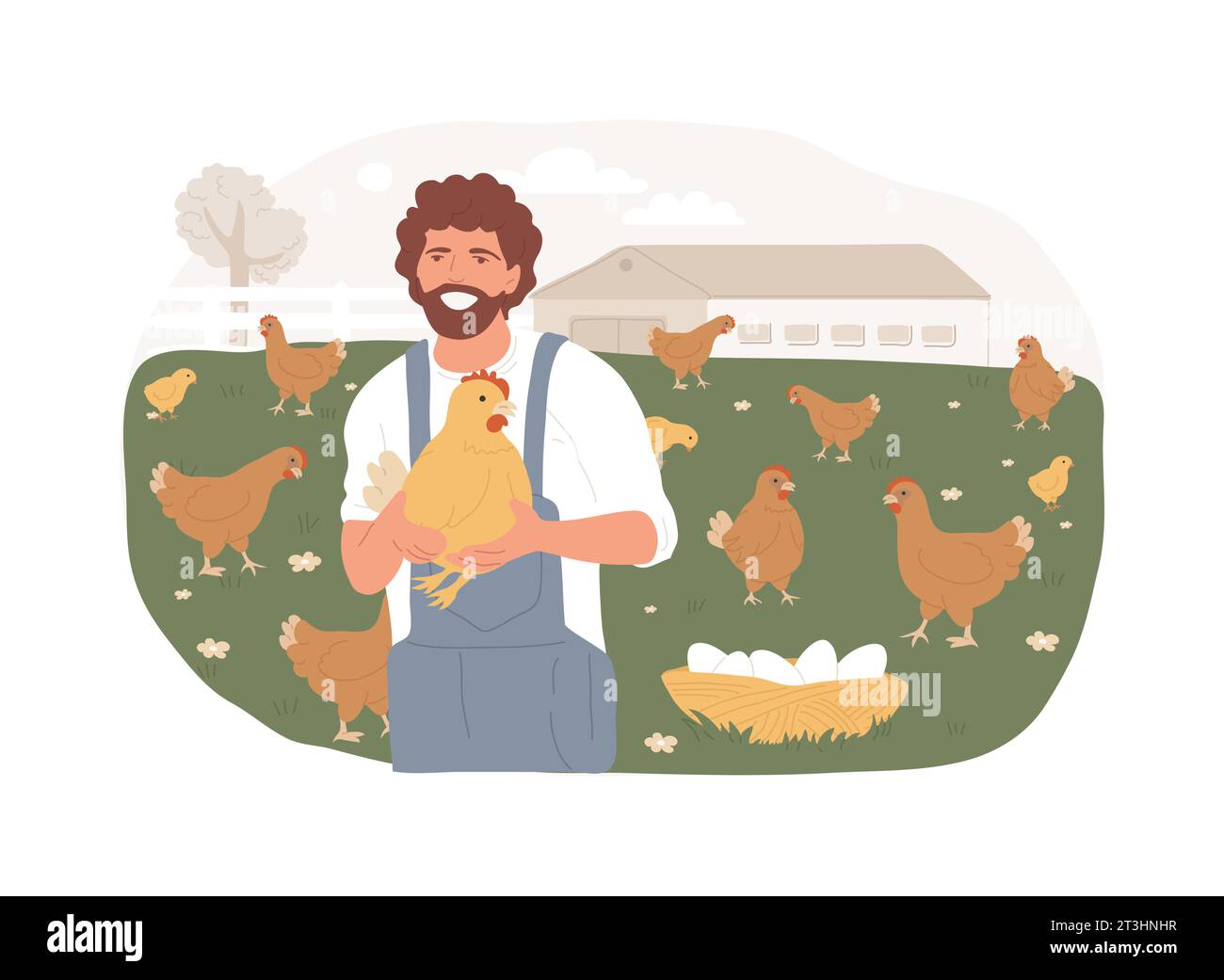 Frei laufende Hühner und Eier isolierte Konzept-Vektor-Illustration. Käfigfreie Eier, Bio-Lebensmittel, nährstoffreiche Ernährung, glückliche Hühner, Lebensmittelkennzeichnung, Vektorkonzept für die organische Zertifizierung. Stock Vektor