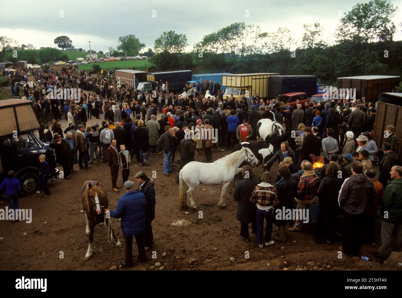 Pferdehändler und Zigeuner treffen sich, um Pferde auf der jährlichen Appleby Horse Fair zu kaufen und zu verkaufen. Die Besten werden an pferdeliebende Familien verkauft, während viele der anderen als Viande Chevaline nach Europa und insbesondere nach Frankreich reisen, was ein wichtiger Teil ihrer kulinarischen Tradition ist. Appleby in Westmorland Gypsy Horse Fair Cumbria, England Juni 1985 1980s UK Charter Fair gewährt von König James II. 1685 HOMER SYKES Stockfoto