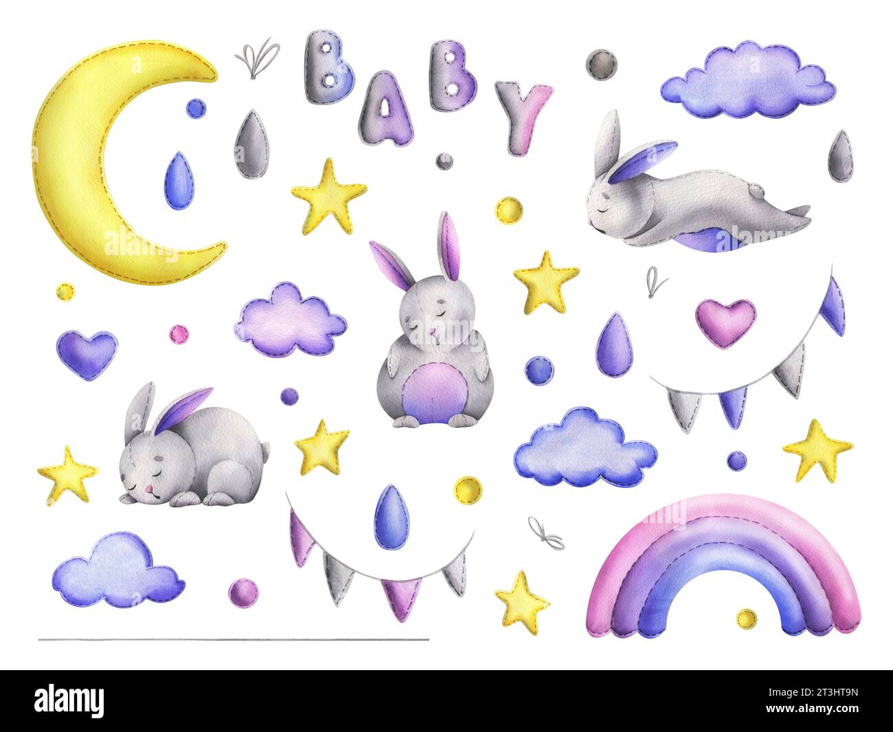 Genähte Stoffhasen mit Mond und Sternen, Regenbogen und Wolken, mit hängenden Dekorationen. Handgezeichnete Aquarellillustration. Satz isolierter Elemente Stockfoto