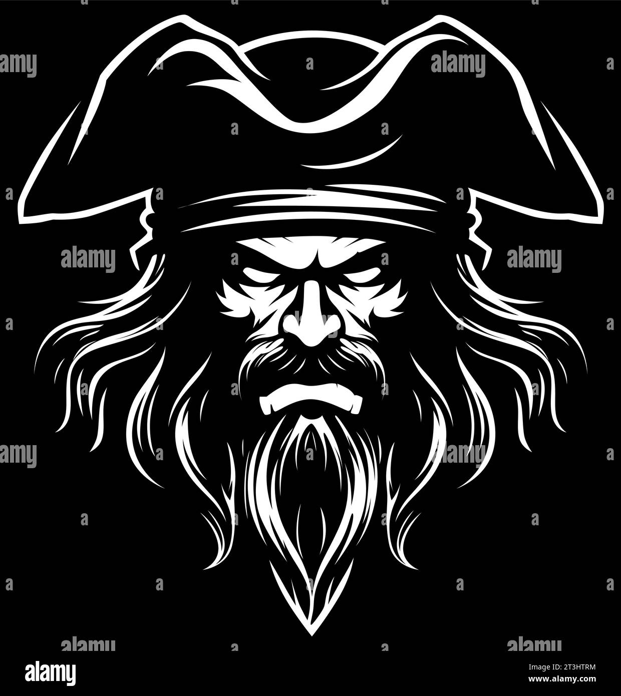 Einfarbige Darstellung eines wilden Piraten mit markantem Bart, intensiven Augen und Tricornhut, der vor schwarzem Hintergrund Bedrohung und Entschlossenheit ausstrahlt. Stock Vektor